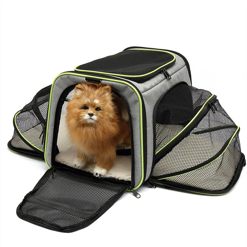 Large capacity cat carrier bag in black with red piping detail showing medium-soft construction