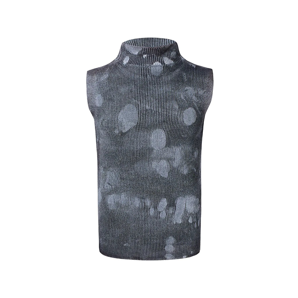 Men's black sleeveless vest with a stand collar and silver brushed detail, showing pullover design.