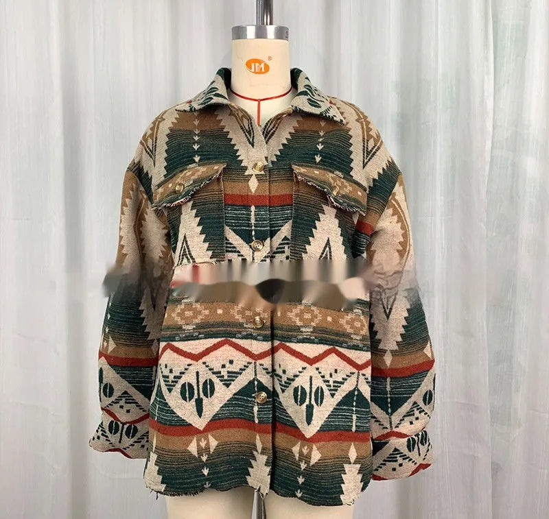Women's retro style wool coat with Aztec print in thick cotton fabric, loose fit design