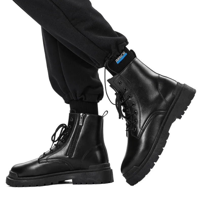 Men's black mid-top waterproof boots with rubber soles and PU leather upper