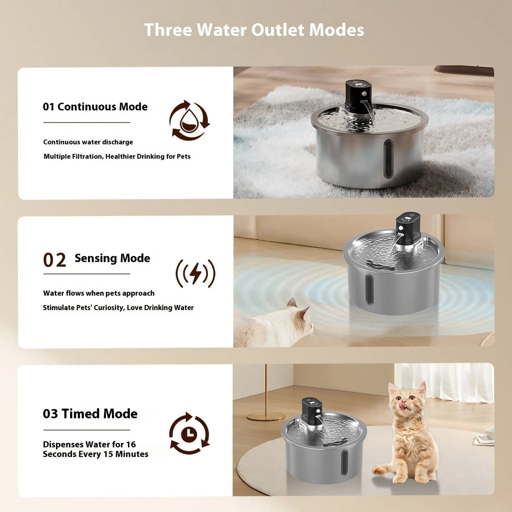 Stainless steel pet water fountain with digital heating base control panel, shown in white colour.