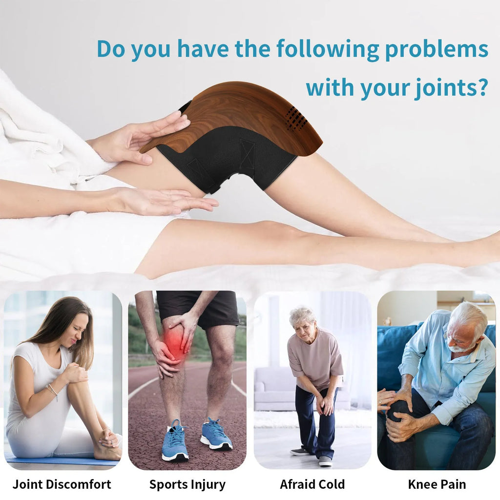 Intelligent electric knee massager with adjustable strap showing white and wood colour options