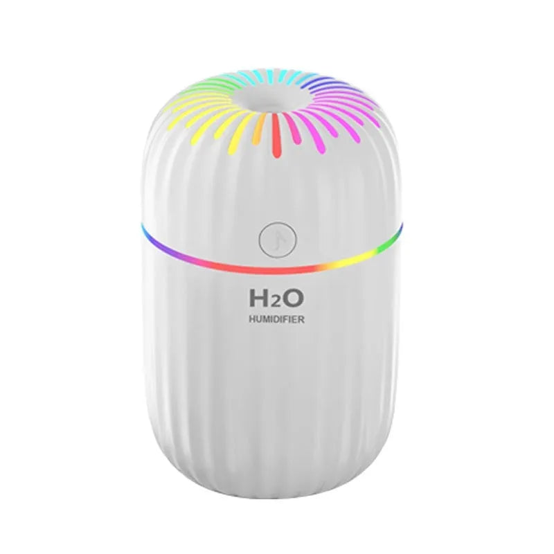 Small white USB humidifier with 300ml tank on desk next to laptop