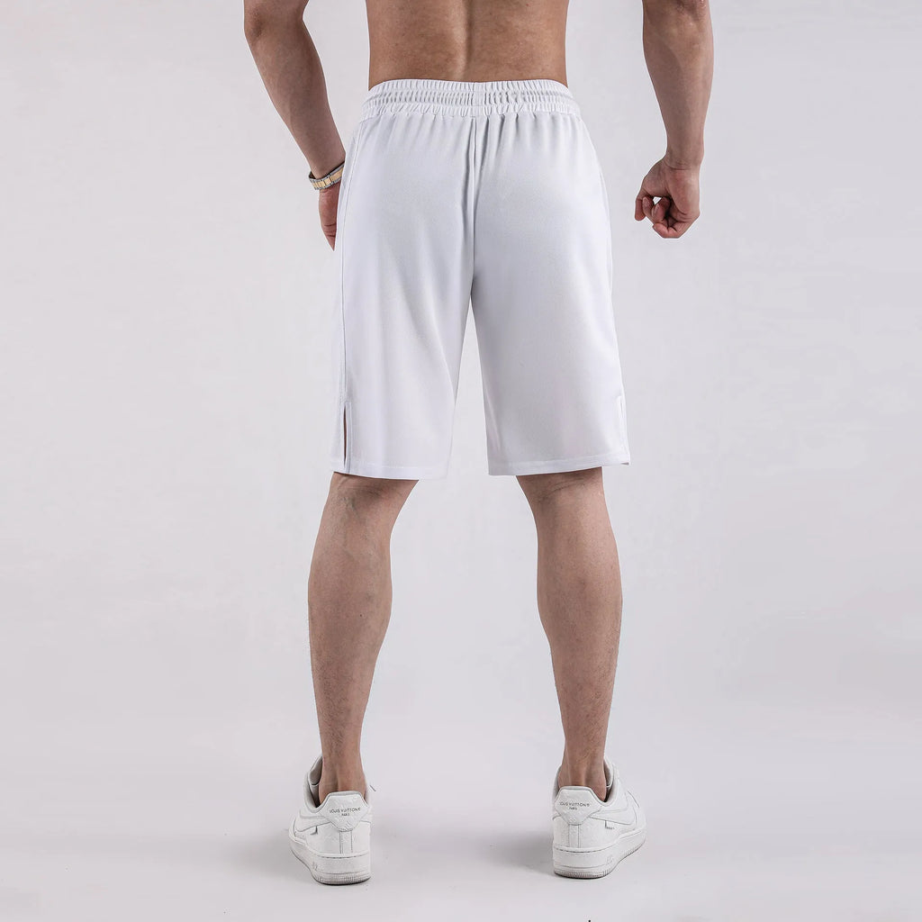 Men's black quick-drying mesh capri shorts with an elastic mid waist on a white background.