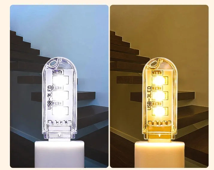 Small white USB LED night light with warm and white light settings.