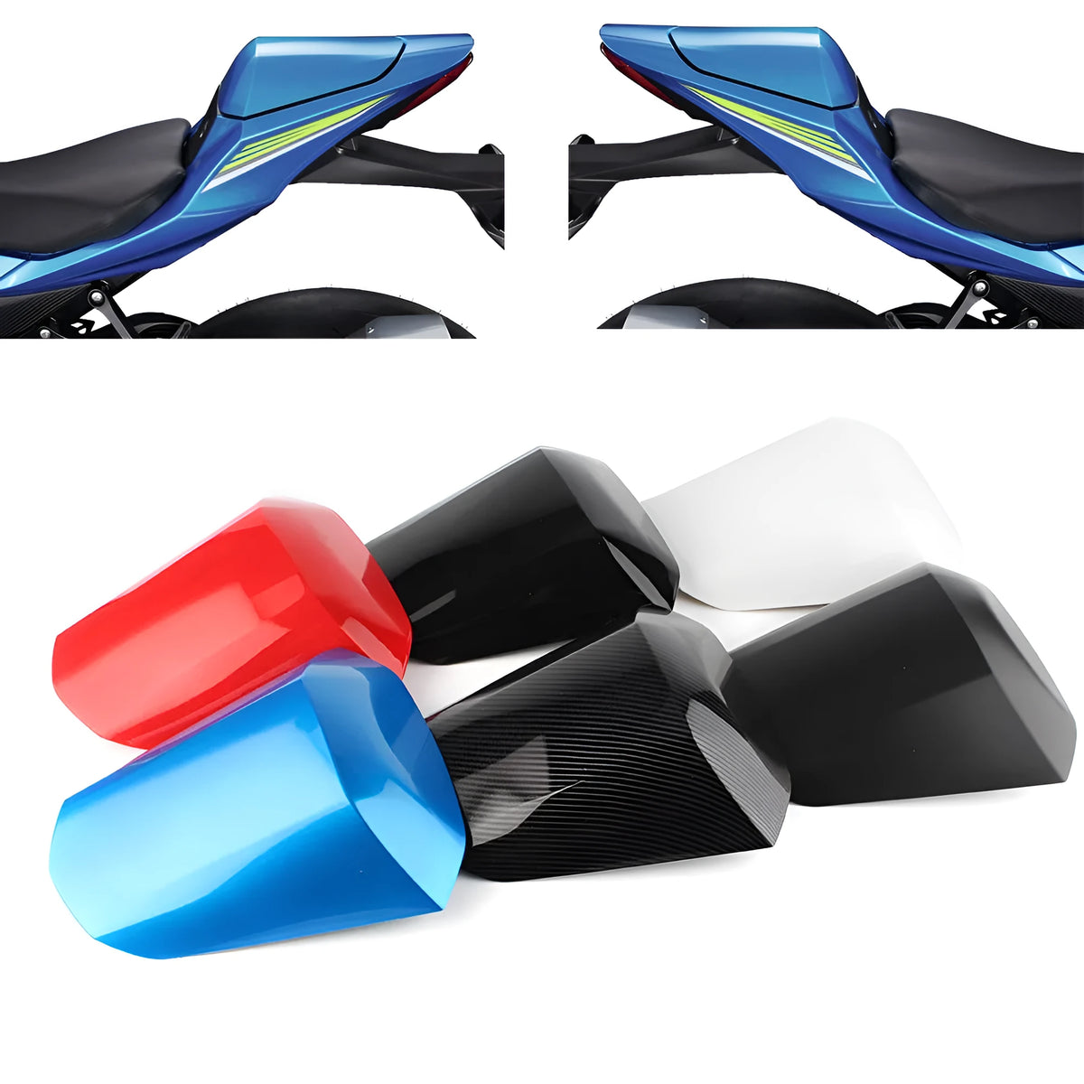 GSXR1000 motorcycle rear cowl seat cover in ABS plastic shown in one of six available colours.