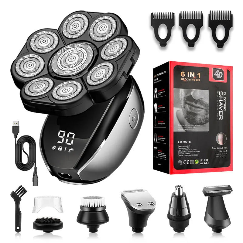 Black rechargeable 6-in-1 haircut suit with hair clipper, shaver, trimmer, and brush attachments