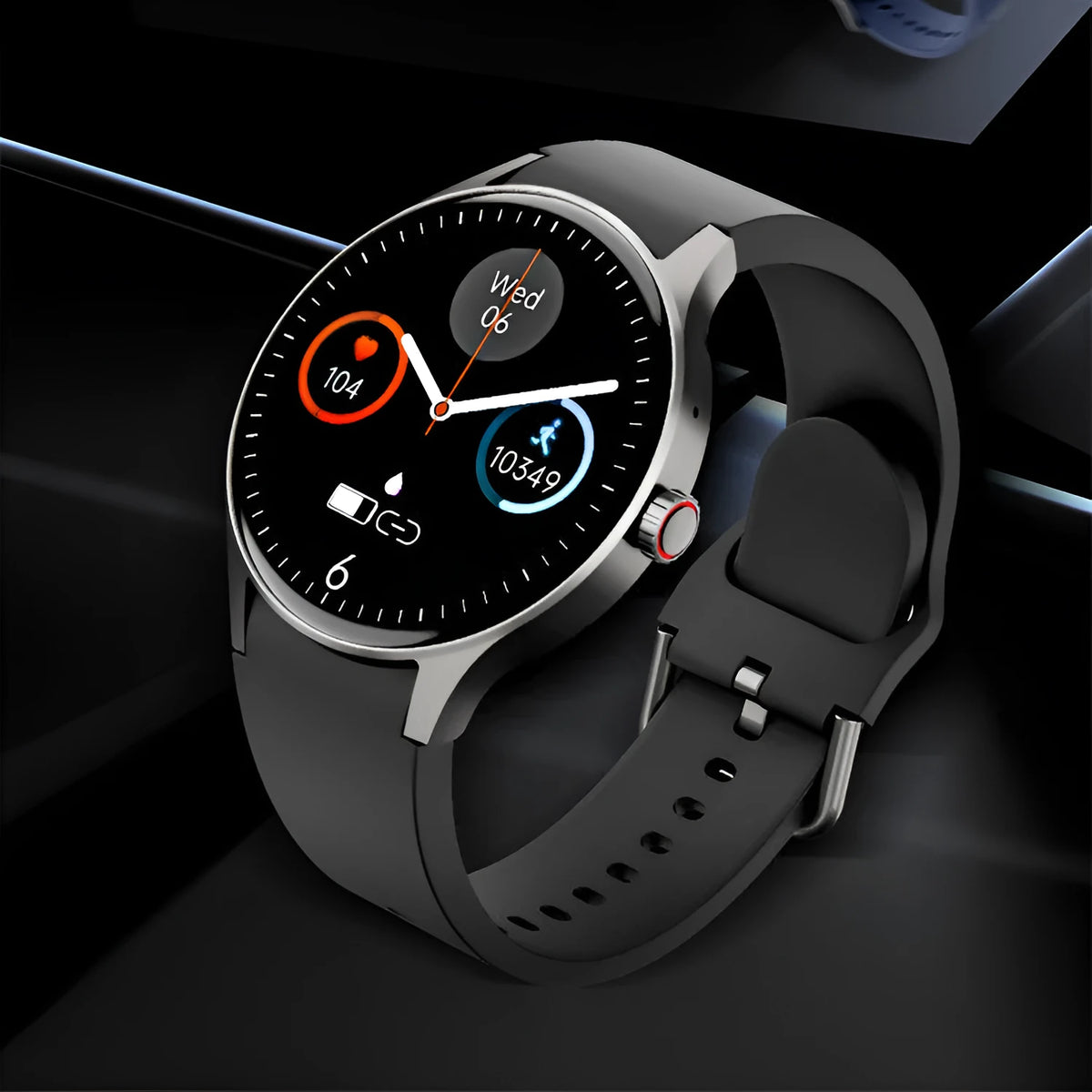 Black smart Bluetooth sport watch with round 1.43-inch touch screen display on wrist