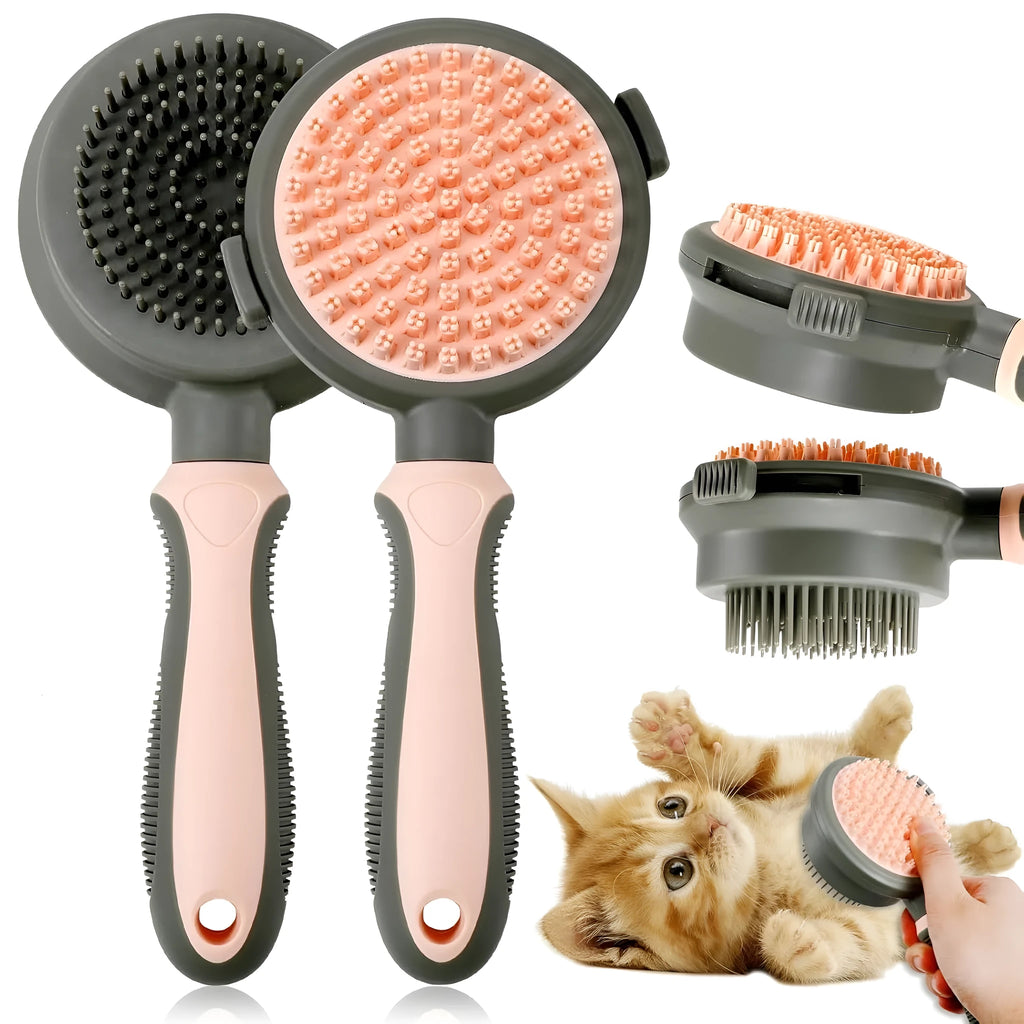 Green and pink double sided cat grooming brush with release button and flea comb