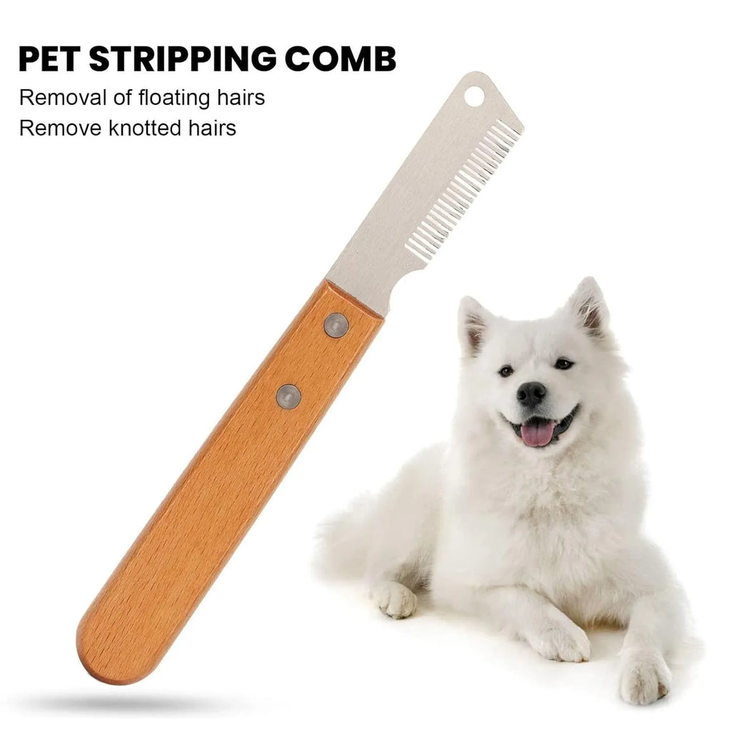 Pet stripping comb with wood handle and metal teeth for grooming cats and dogs.