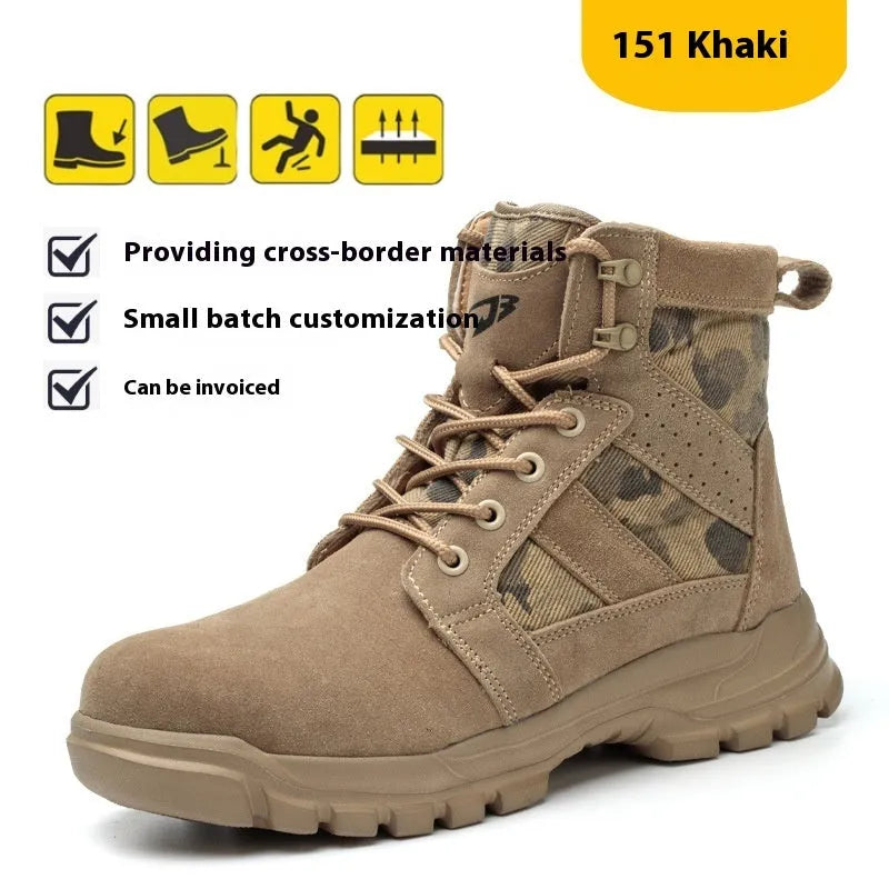 Khaki suede high-top safety combat boots with a steel toe cap and front lace-up closure on a rubber sole.