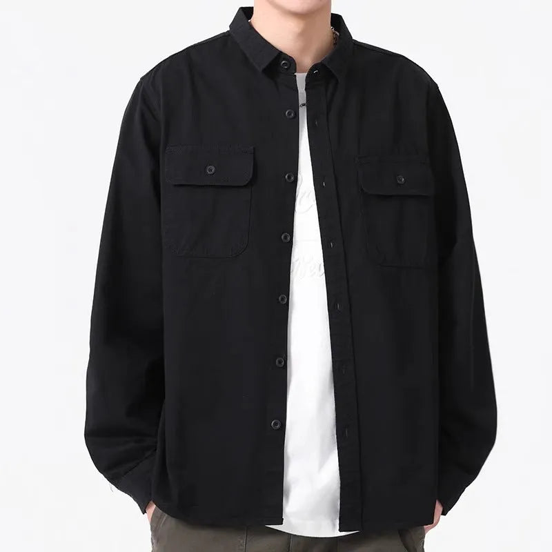 Men's loose-fitting cardigan style long sleeve shirt in polyester fibre fabric