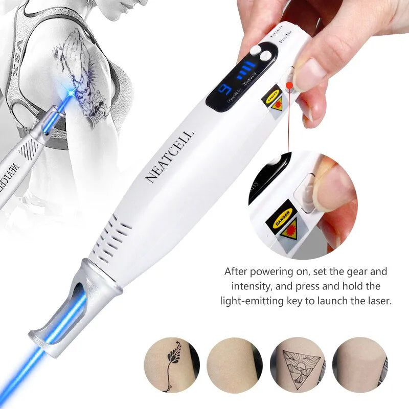 Picosecond laser pen light therapy device for tattoo scar mole freckle dark spot removal, blue or red, with goggles and charger