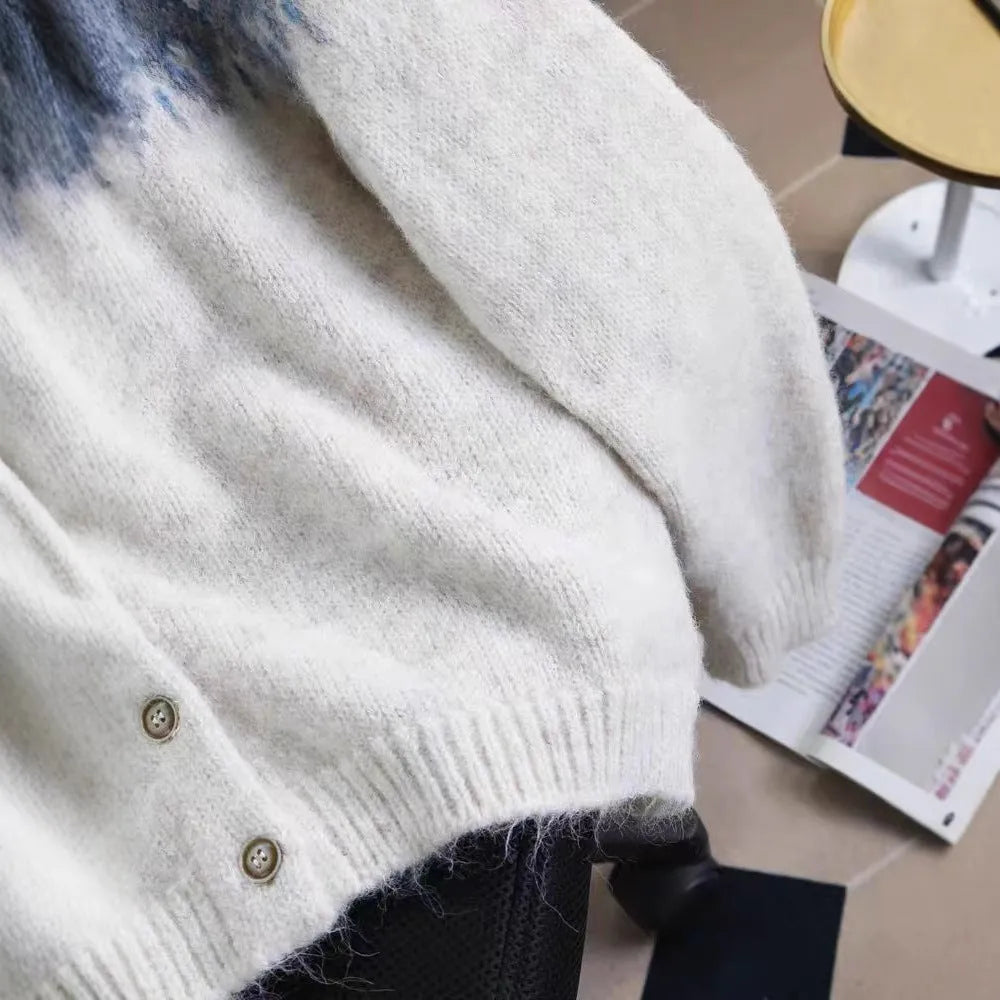 Women's contrast colour jacquard thick sweater coat in loose free size fit.