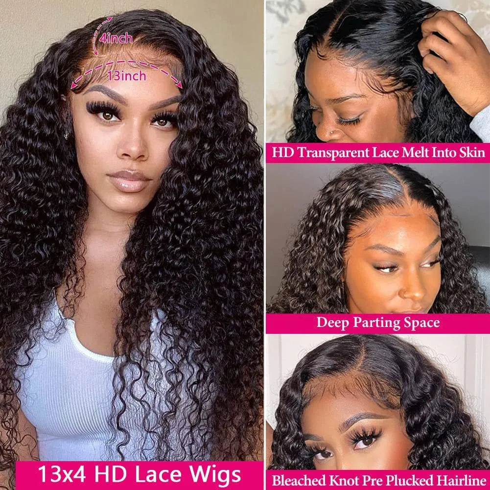 Front lace human hair wig with deep wave style, hand-woven, available in 20cm to 85cm lengths, natural look.