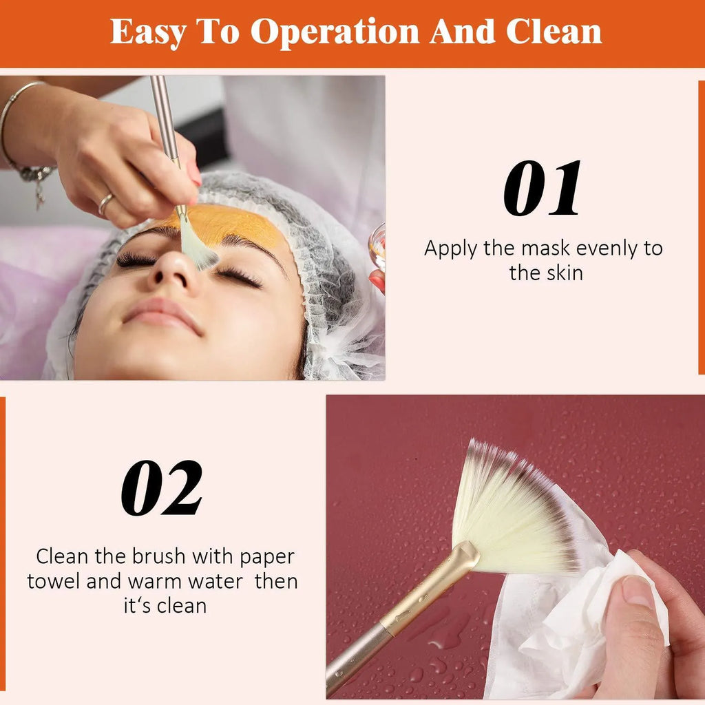 Ten champagne-finished facial fan brushes with acrylic handles and protective covers.