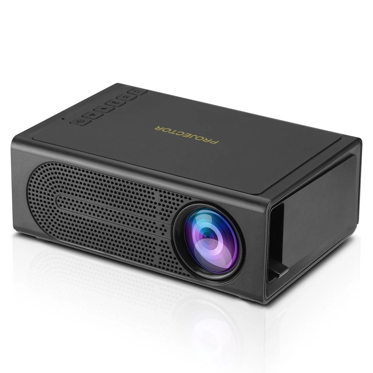 Portable mini projector in black colour showing compact design with connection ports