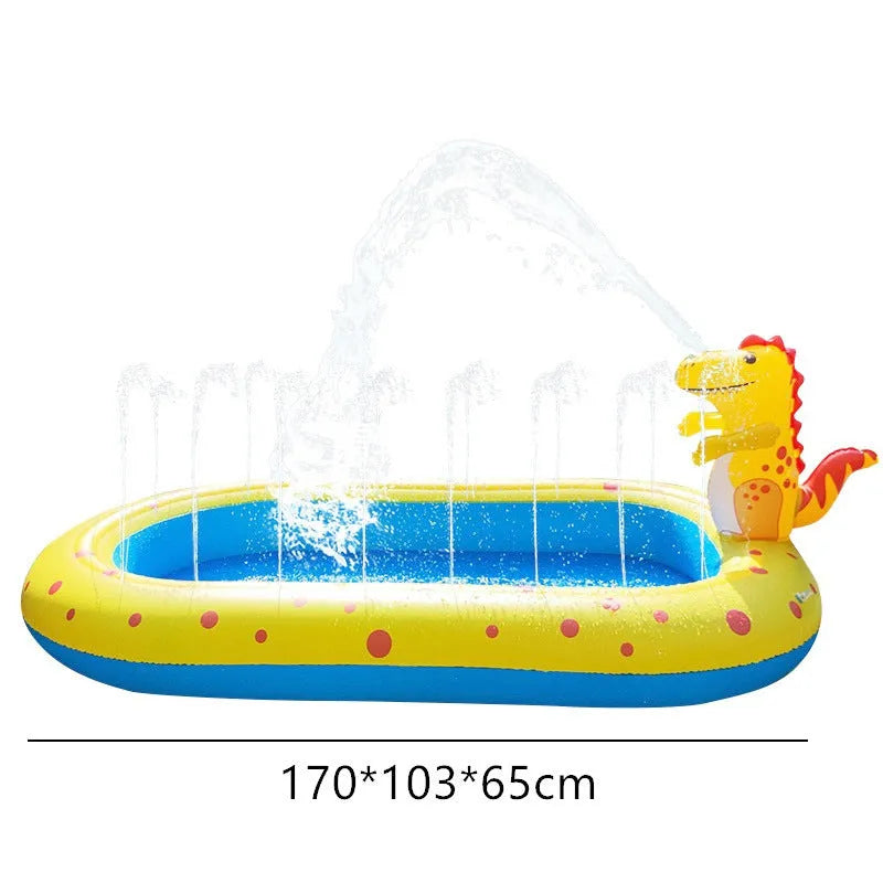 Blue inflatable dinosaur-shaped water spray pool for children in a garden