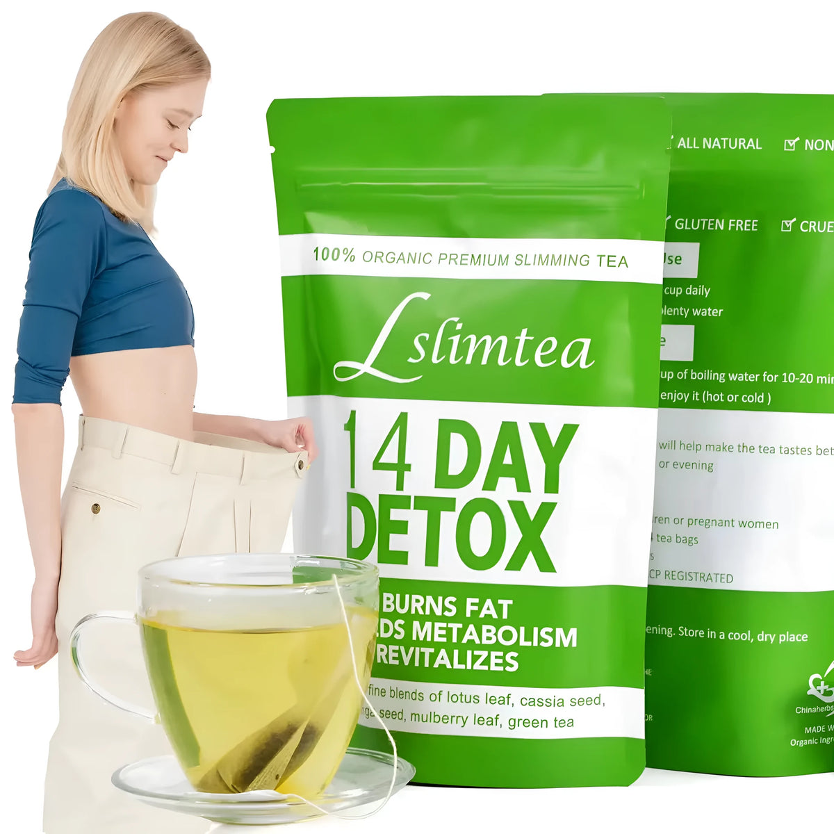 14-day herbal detox tea box with 14 individual sachets showing 42g net content