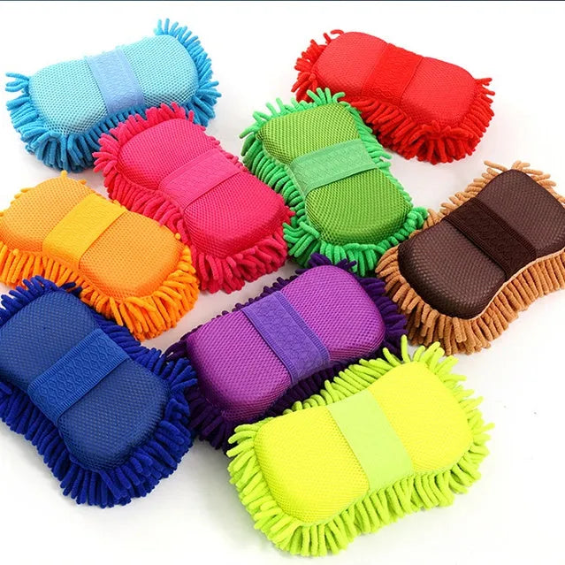 Silvery green car wash sponge block measuring 14x25cm with chenille microfiber construction