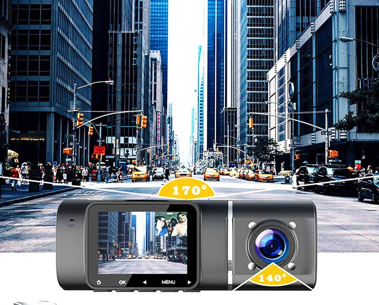 Standard black 1080p car dash camera with 1.5-inch screen, supplied with charger and stand.