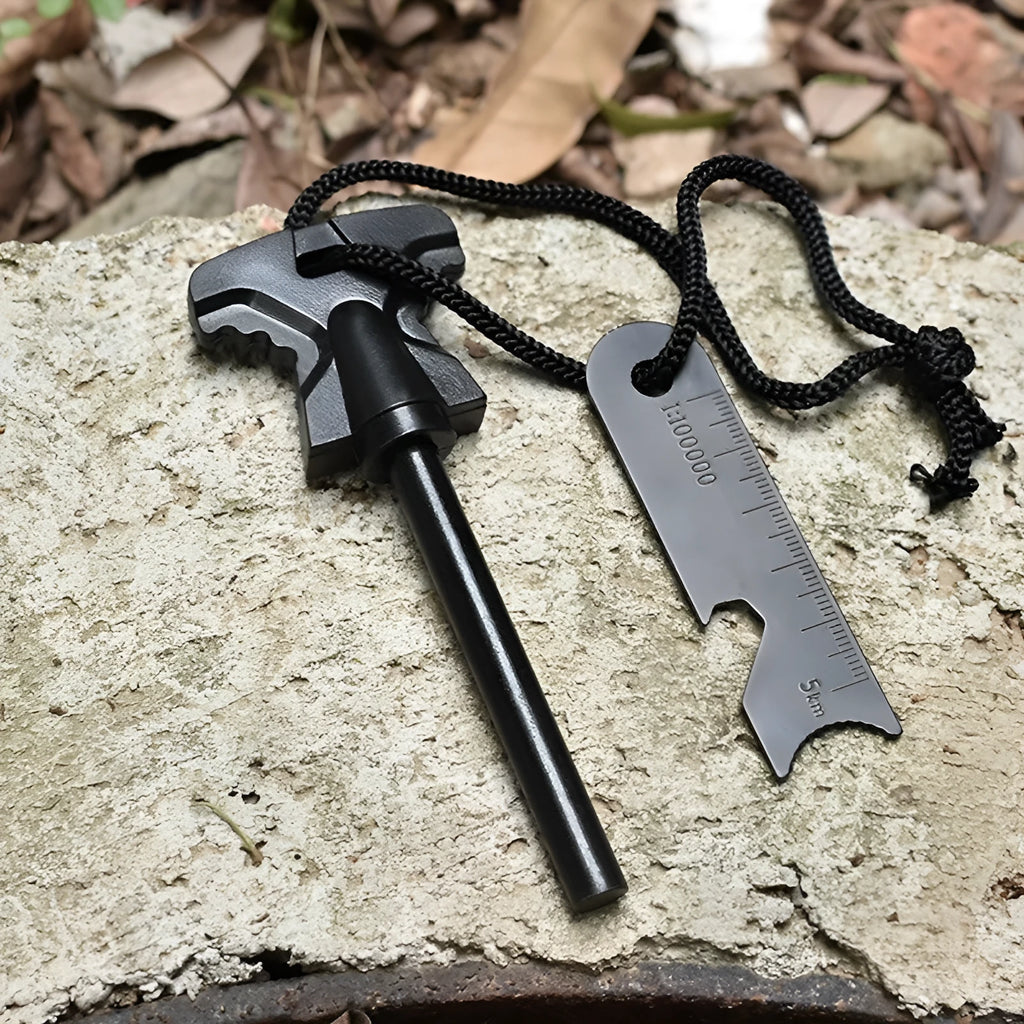 Stainless steel butterfly-shaped fire starter with integrated bottle opener, shown with dimensions.