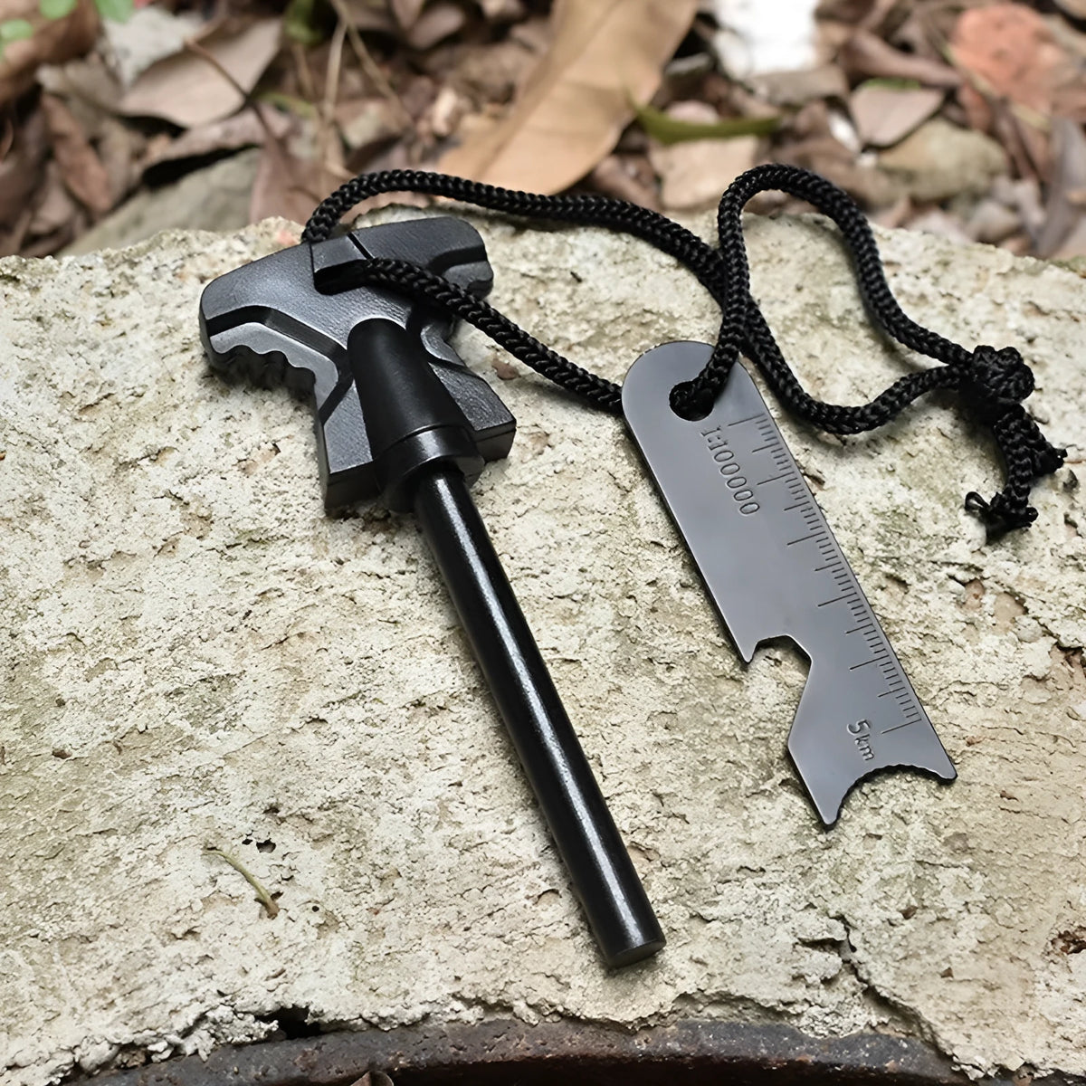 Stainless steel butterfly-shaped fire starter with integrated bottle opener, shown with dimensions.
