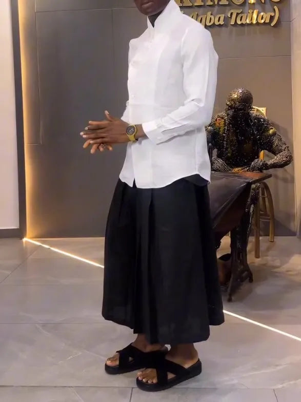 White asymmetric-front long-sleeve shirt and black pleated trousers women's casual set