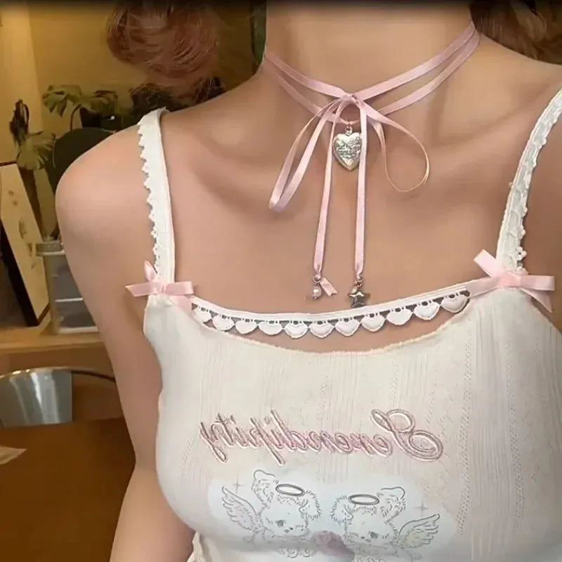 Women's alloy necklace with love pendant and ribbon design in electroplated finish