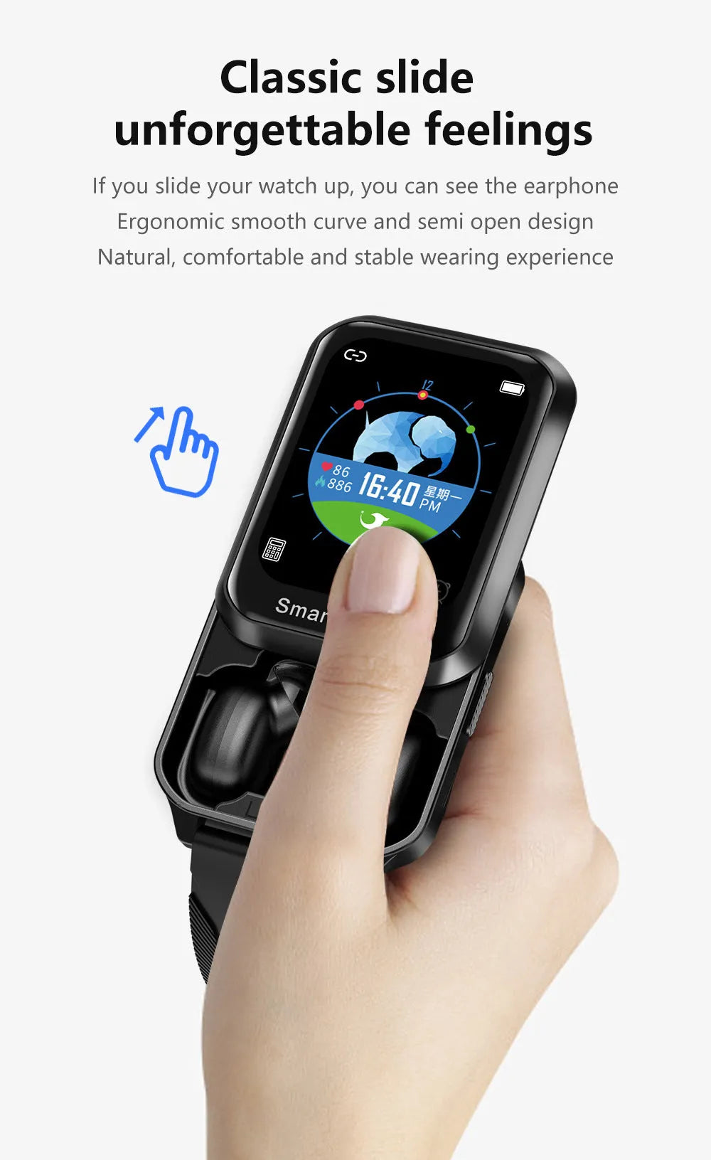 Black smart bracelet with 1.78-inch split screen display showing Bluetooth call interface and password lock