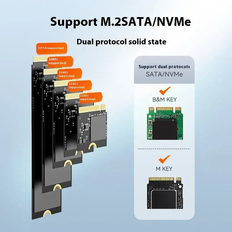 Black external hard drive enclosure with USB-C cable for M.2 NVMe SSDs