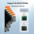 Black external hard drive enclosure with USB-C cable for M.2 NVMe SSDs