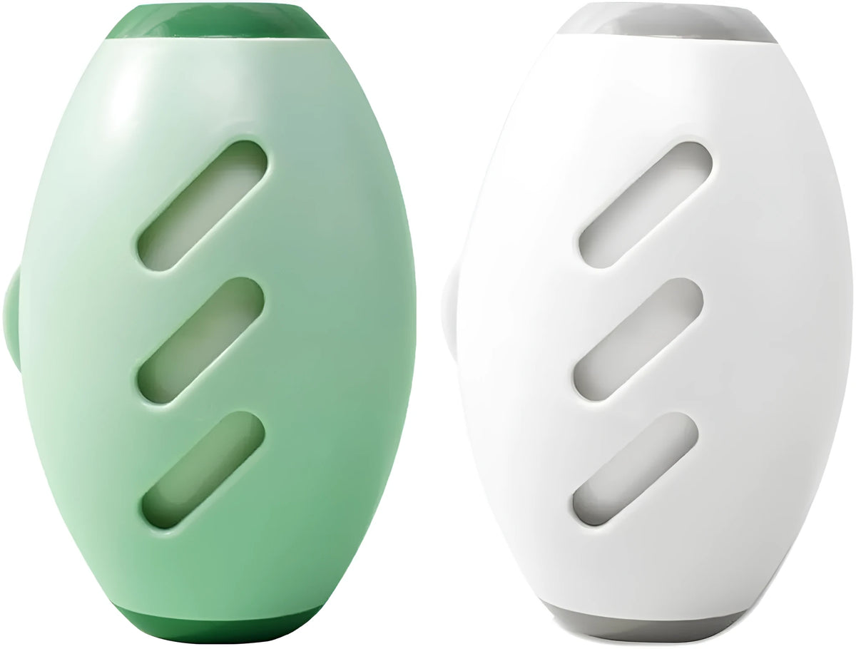 Four green and white washable reusable gel lint roller balls for portable pet hair removal.