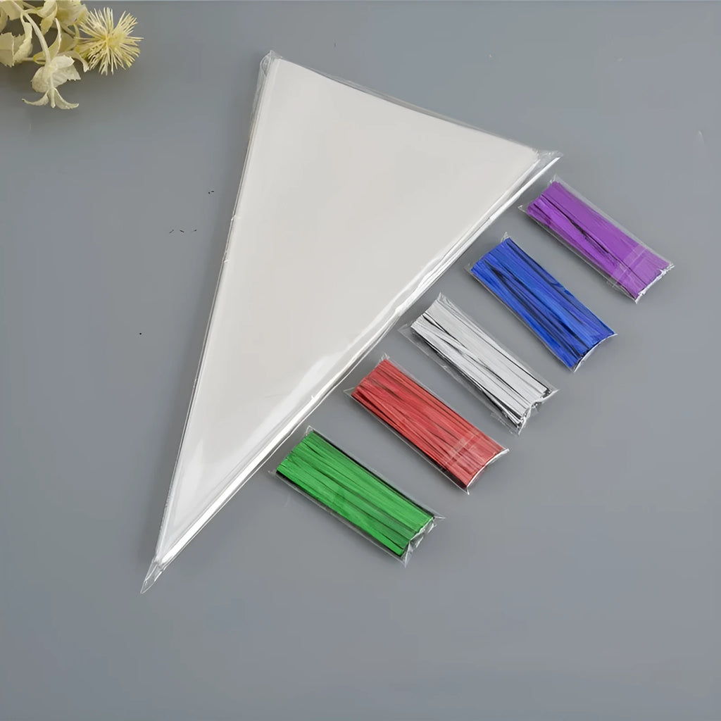 Clear triangular plastic gift bags with visible tie wire closure in three different size options