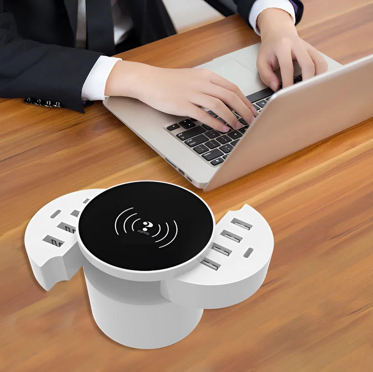 Ceramic white circular wireless charger with UK plug adapter and multiple USB ports