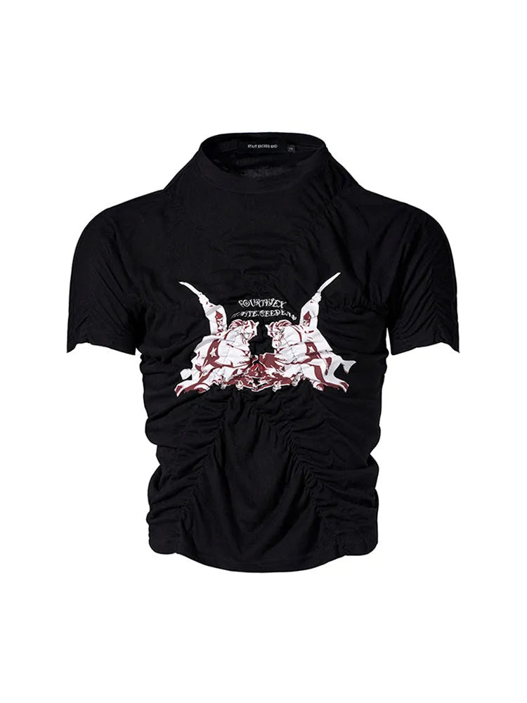 Black slim fit men's short sleeve T-shirt with a printed design, shown on a model.