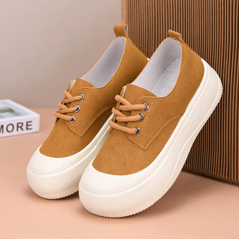 Women's suede platform loafers with 4CM height increase, round toe, and rubber sole in beige, black, and camel colours.