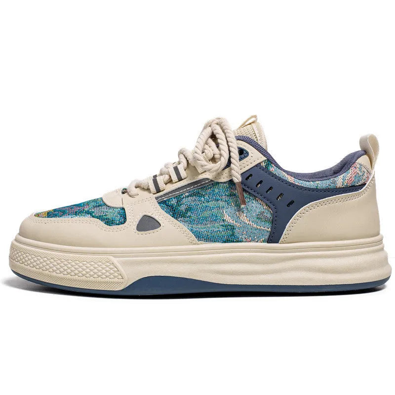 Beige and green canvas casual flat shoes with round toe on a white background.