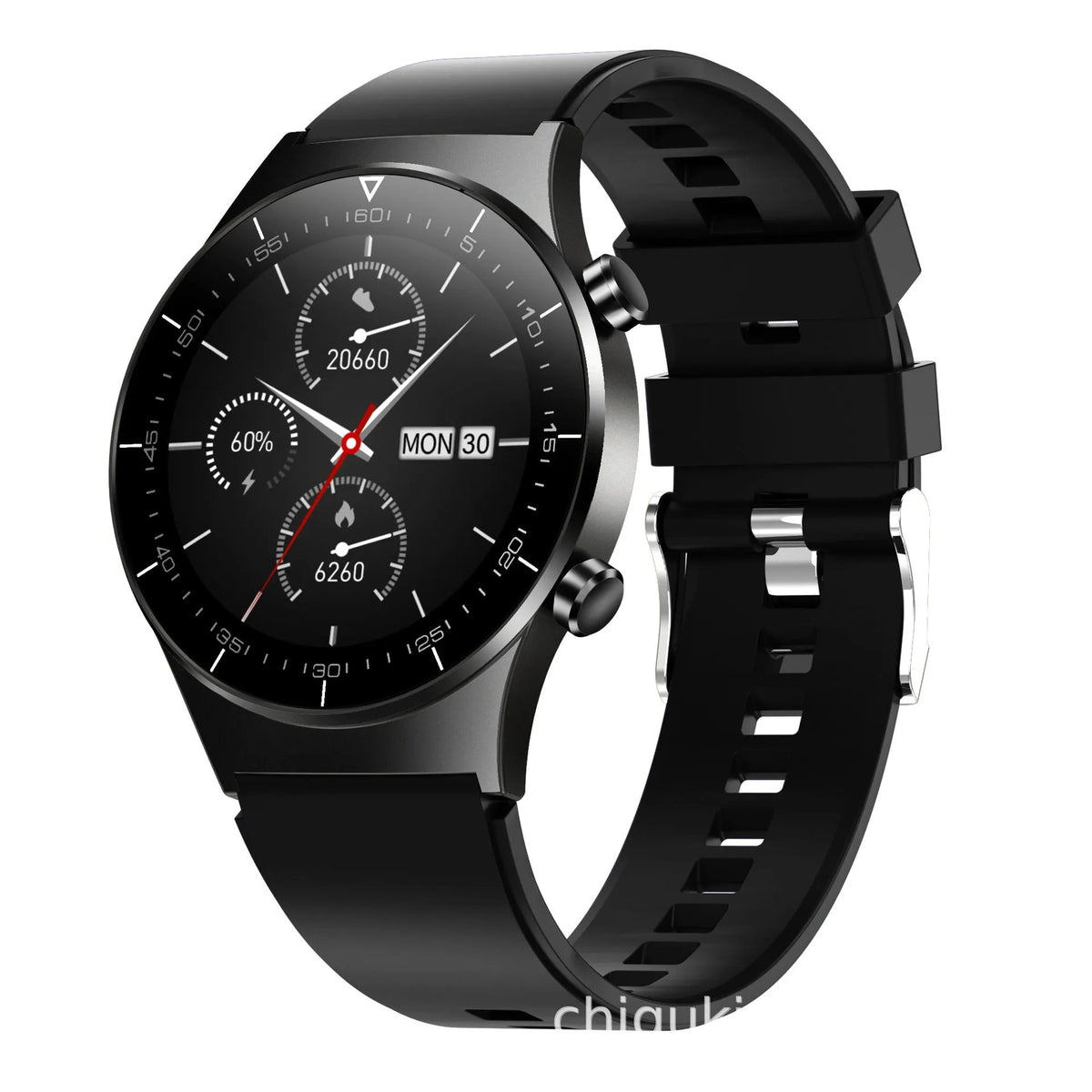 Black smart watch with 1.3 inch screen and TPU sports bracelet displaying health metrics