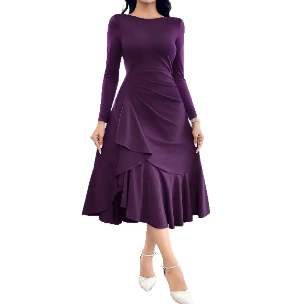 Purple women's long sleeve round neck dress with ruffle detail and mid waist