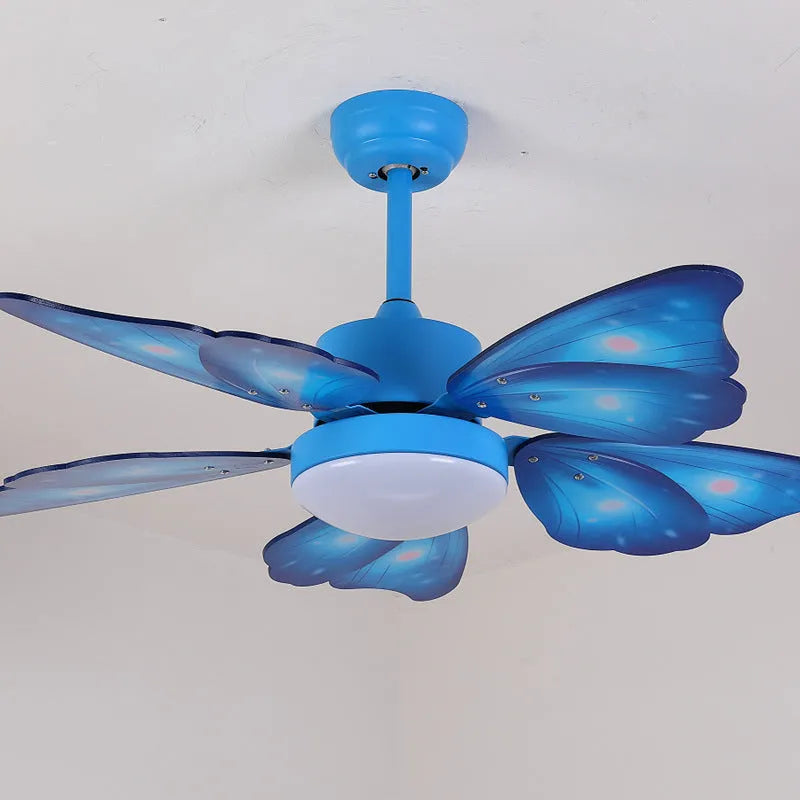 Ceiling fan chandelier with remote, 1.06m diameter, acrylic shade, wooden blades, blue or pink