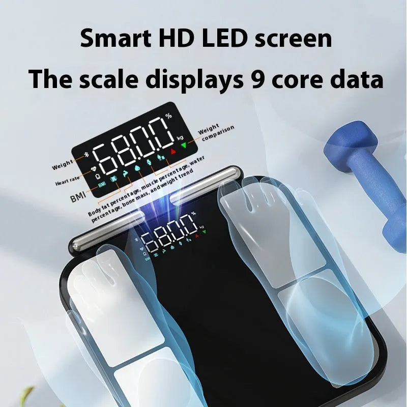 Black electronic body composition scale with tempered glass platform and colour display showing measurements