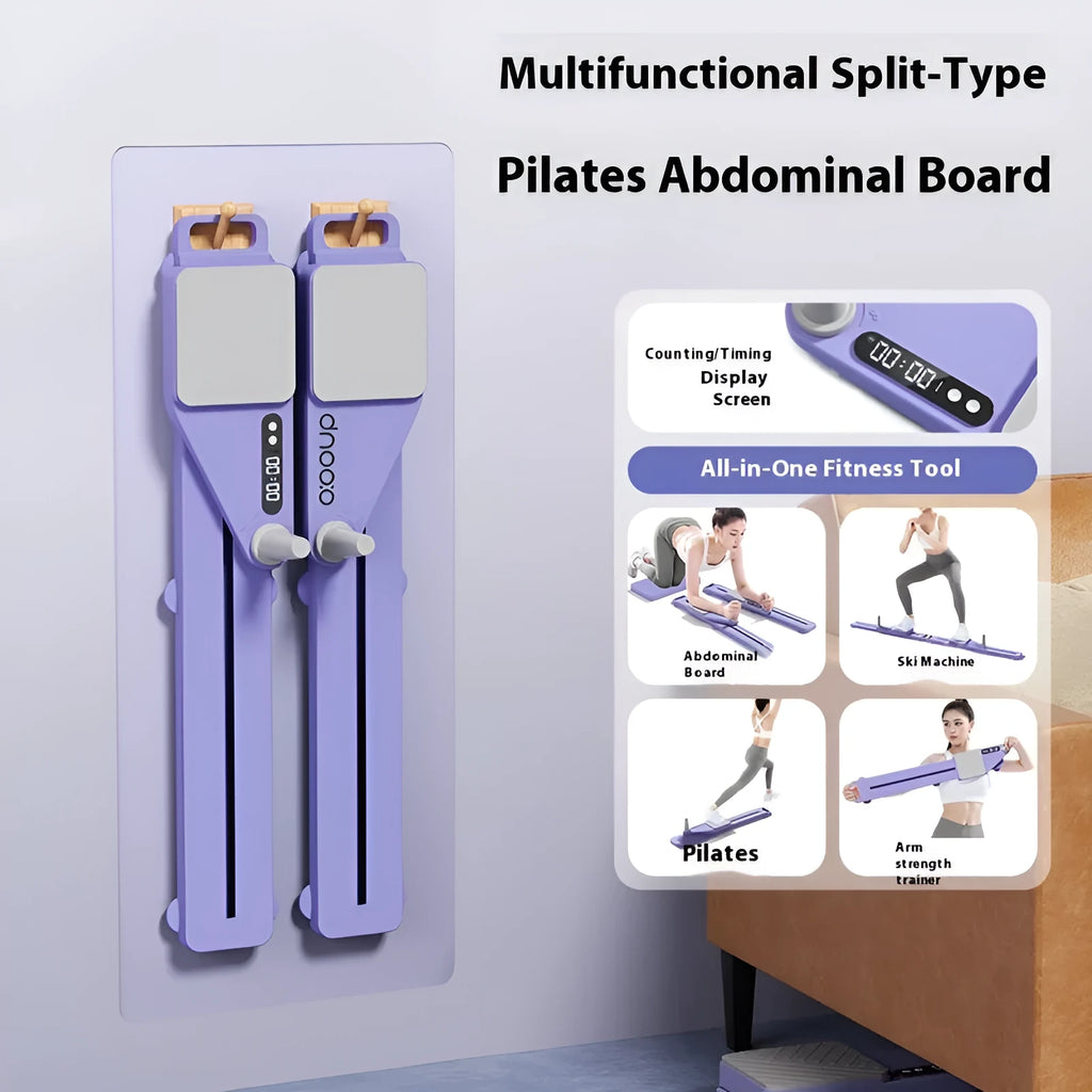 85cm long twilight purple PP plastic split skiing machine trainer supine board on a home floor.