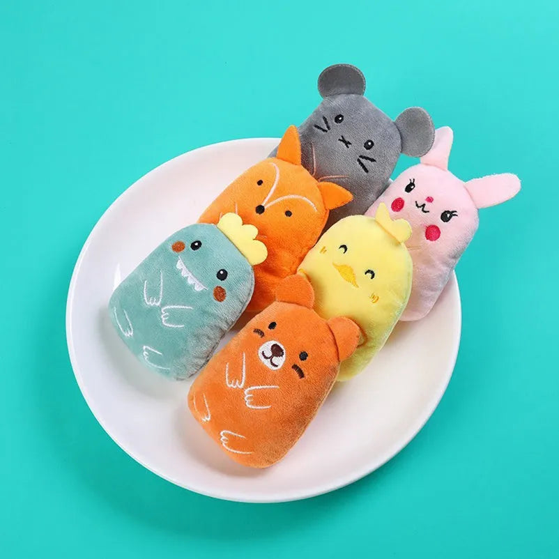 Compact brown plush catnip chewing toy with vocal element measuring 11cm