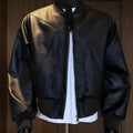 Men's black PU leather jacket with egg white texture and litchi grain pattern, extended 100cm length