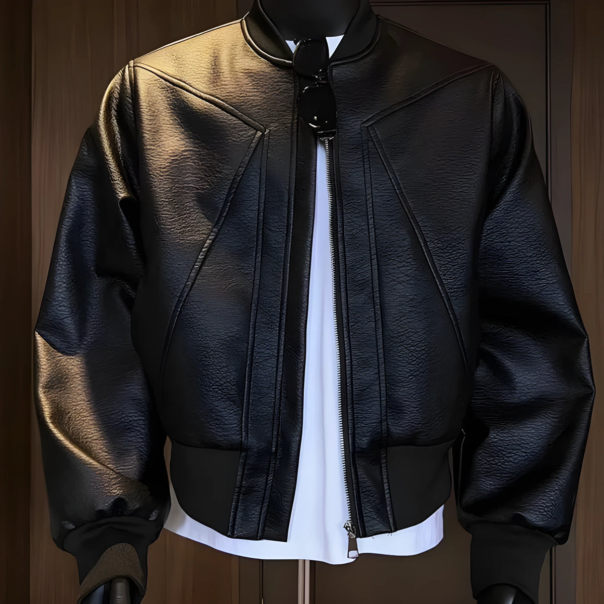 Men's black PU leather jacket with egg white texture and litchi grain pattern, extended 100cm length