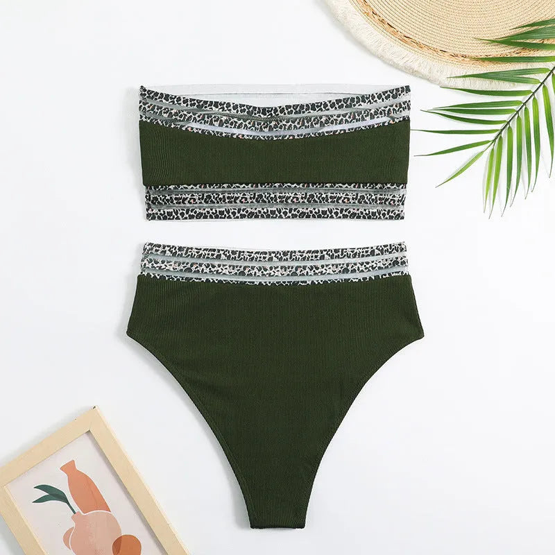 Black leopard pattern strapless two-piece swimsuit with bandeau top and briefs