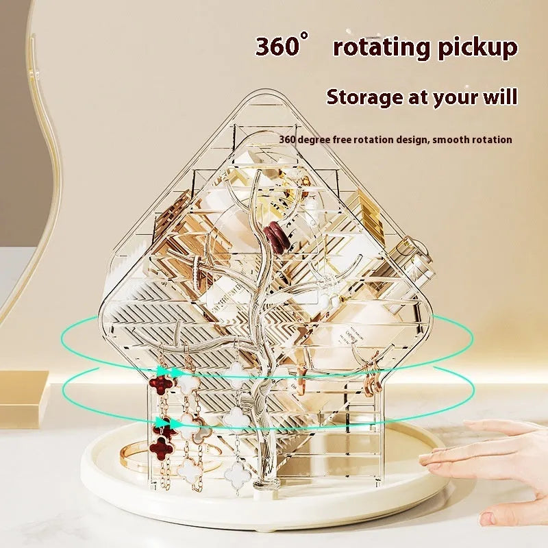 Rotating cosmetics storage box with 360-degree spin in clear transparent plastic
