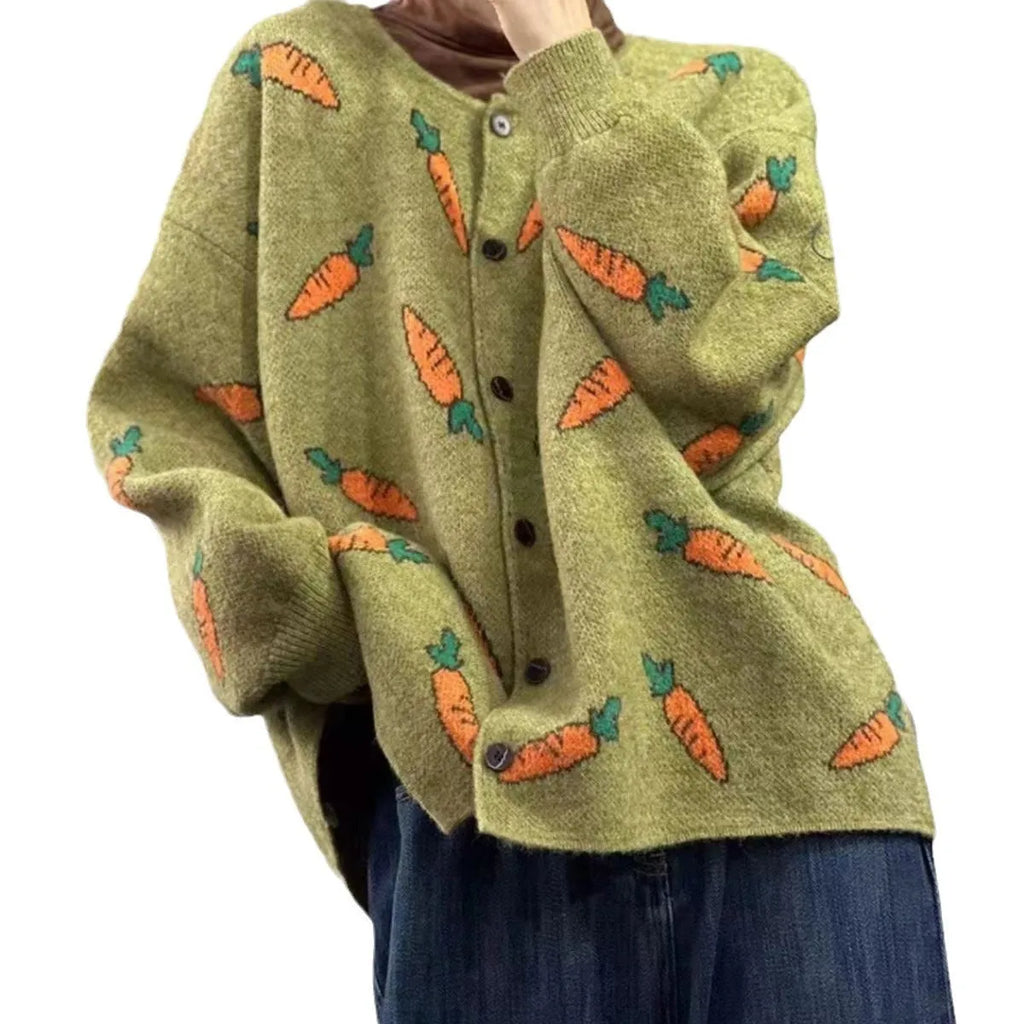 Women's artistic print cardigan with round neck and loose fit in picture colour