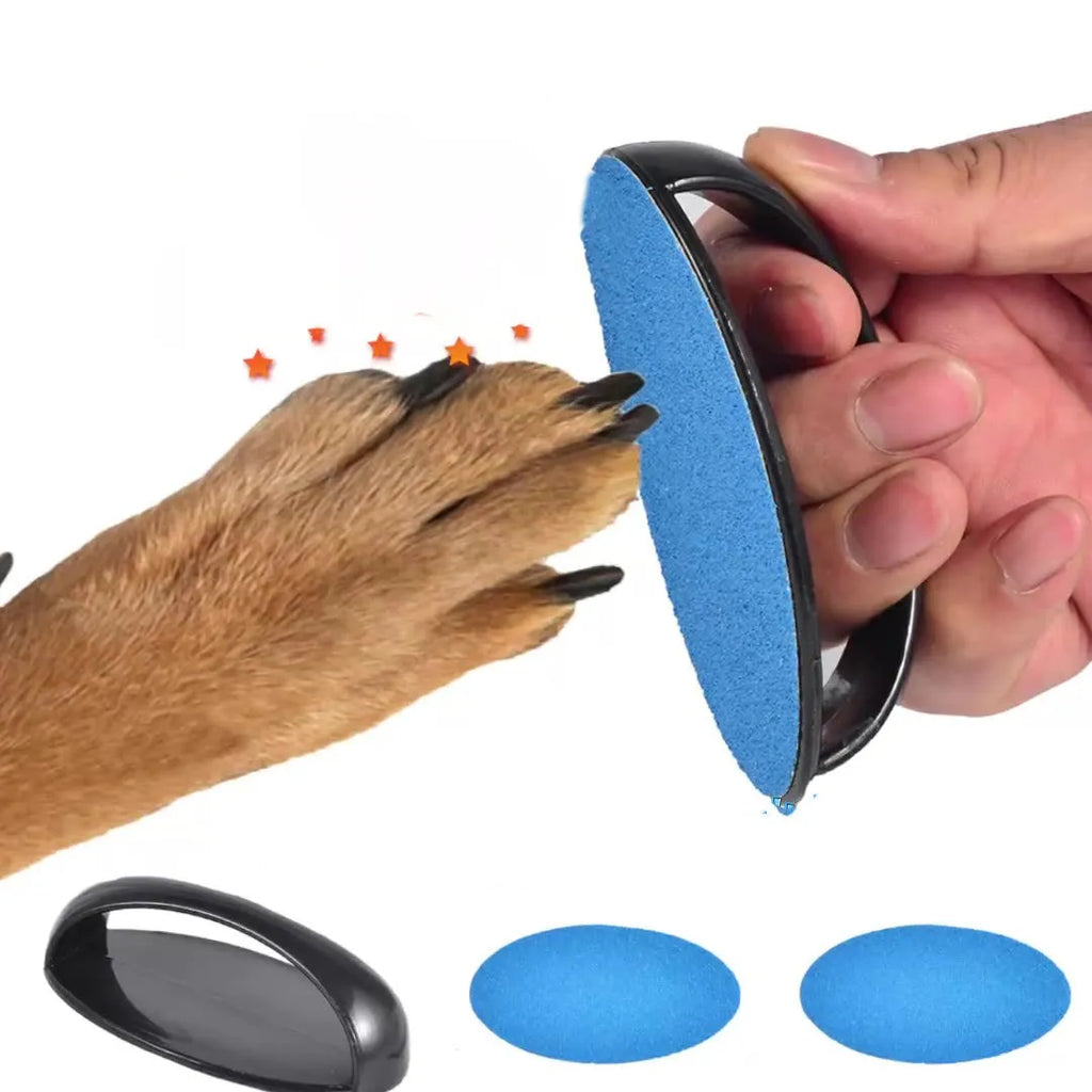 Upgraded dog nail scratch board with ergonomic handle in one of four colours, shown next to replaceable sandpaper sheet.